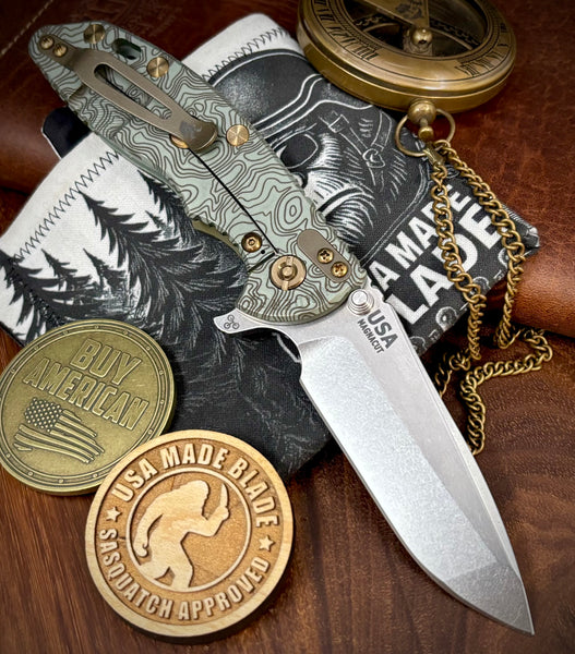 Topo Ammo Can Green Hinderer XM-18 3.5 Spanto Ti OD Green G10 Customized Working Finish Ti and Stonewashed Magnacut Blade with Bronzed Out Hardware
