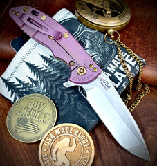 High Res Battle Purple Hinderer XM-18 3.5 Spanto OD Green G10 Customized Working Finish Ti Stonewashed Magnacut Blade Bronze Out HW