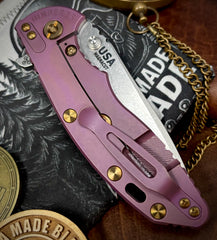 High Res Battle Purple Hinderer XM-18 3.5 Spanto OD Green G10 Customized Working Finish Ti Stonewashed Magnacut Blade Bronze Out HW