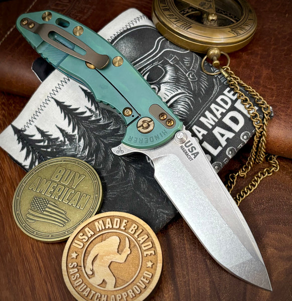 High Res Battle Green Hinderer XM-18 3.5 Spanto Translucent Green G10 Customized Working Finish Ti Stonewashed Magnacut Blade Bronze Out HW