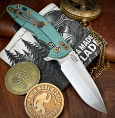 High Res Battle Green Hinderer XM-18 3.5 Spanto Translucent Green G10 Customized Working Finish Ti Stonewashed Magnacut Blade Bronze Out HW