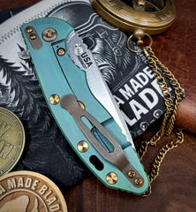 High Res Battle Green Hinderer XM-18 3.5 Spanto Translucent Green G10 Customized Working Finish Ti Stonewashed Magnacut Blade Bronze Out HW