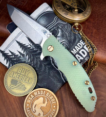 High Res Battle Green Hinderer XM-18 3.5 Spanto Translucent Green G10 Customized Working Finish Ti Stonewashed Magnacut Blade Bronze Out HW