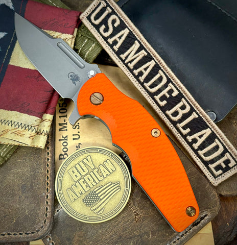 Topo Ammo Can Green Hinderer Jurassic Clip Point Orange G10 Customized Working Finish Ti Magnacut Working Finish Blade Bronzed Out Hardware with Sasquatch Clip - USA MB