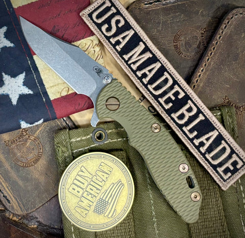 Topo Ammo Can Green Hinderer XM-18 3.0" Bowie Flipper OD Green G10 Anodized Working Finish Ti with Stonewashed 20CV Blade Bronzed Out Hardware and Sasquatch Clip - USA MB