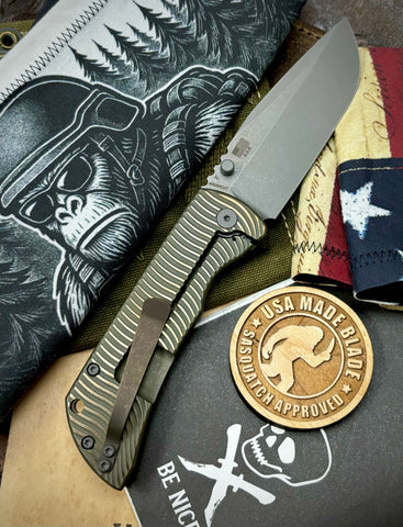 Swerve Pattern McNees Knives Mac-2 3.5" Atomic Two Tone Green and Bronze Ti Stonewashed Magnacut Blade