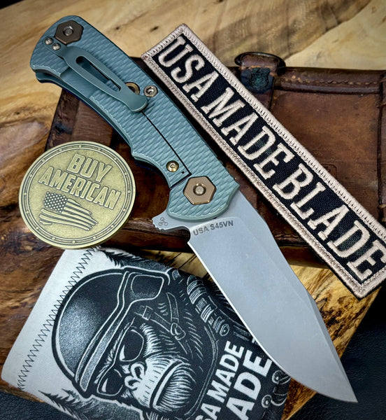 Ammo Can Green Project X BLUE/BLACK G10 Anodized Working Finish Ti with Working Finish S45VN Clip Point Blade and Bronzed Out HW