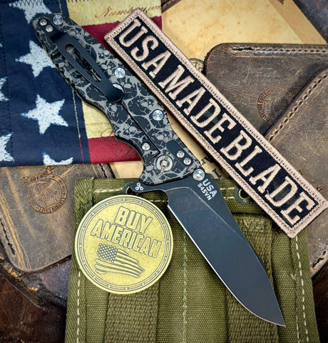 Skull Pattern Hinderer Eklipse 3.5" Hollow Ground Slicer OD Green G10 Battle Black Ti Battle Black S45VN Blade - USA MB