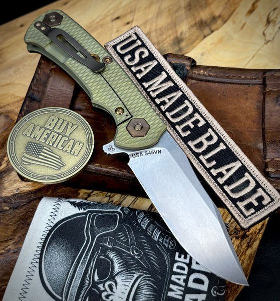 Battle Green Project X Black G10 Anodized Working Finish Ti with Stonewashed S45VN Clip Point Blade and Bronzed Out HW