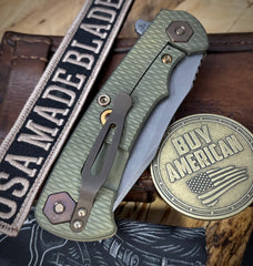 Battle Green Project X Coyote G10 Anodized Working Finish Ti with Working Finish S45VN Clip Point Blade and Bronzed Out HW
