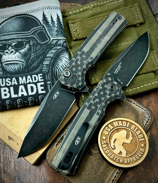 ZT0044BW Battled Stars & Stripes Full Ti Blackwash Button Lock Flipper S45VN