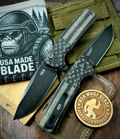 ZT0044BW Battled Stars & Stripes Full Ti Blackwash Button Lock Flipper S45VN