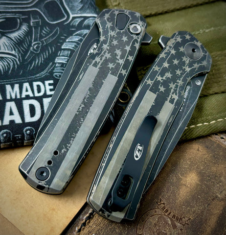 ZT0044BW Battled Stars & Stripes Full Ti Blackwash Button Lock Flipper S45VN