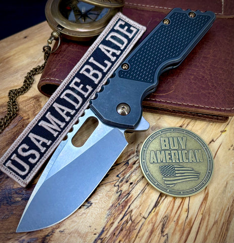A2D Mark 2  Large Stonewashed Drop Point Rising Grind Magnacut Blade M-16 Grip Blackened Ti on Washers