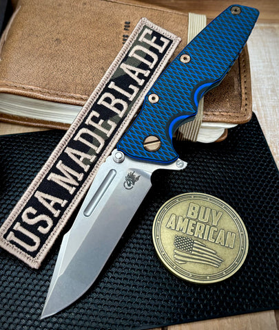 Ammo Can Green Hinderer Eklipse 3.5" Skinny Fullered Harpoon Spanto Blue/Black G10 Anodized Working Finish Ti Stonewashed Magnacut Blade with bronzed out hardware