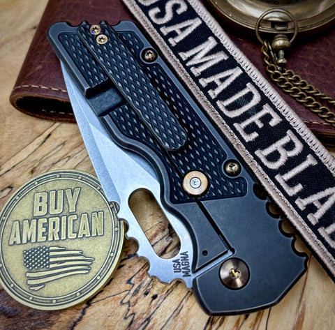 A2D Mark 2  Large Stonewashed Drop Point Rising Grind Magnacut Blade M-16 Grip Blackened Ti on Washers