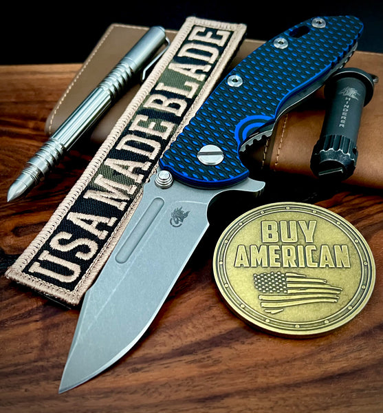 Hinderer XM-18 3.25 Fullered Harpoon Spanto Blue/Black G10 Working Finish Ti and Working Finish Magnacut Blade