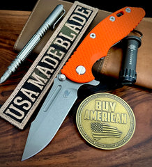 Hinderer XM-18 3.25 Fullered Harpoon Spanto Orange G10 Working Finish Ti and Working Finish Magnacut Blade