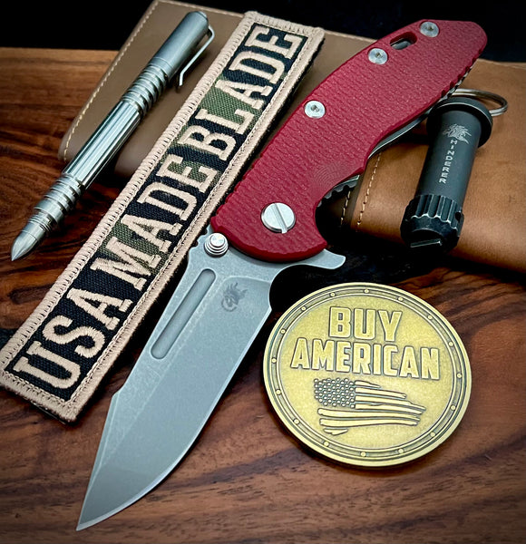 Hinderer XM-18 3.25 Fullered Harpoon Spanto Red G10 Working Finish Ti and Working Finish Magnacut Blade