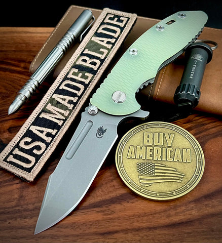 Hinderer XM-18 3.25 Fullered Harpoon Spanto Translucent Green G10 Working Finish Ti and Working Finish Magnacut Blade