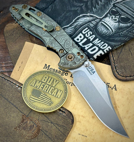 Topo Bead Blast Green Hinderer XM-18 3.5 Non-Flipper Bowie Bead Blast Green Ti Blue/Black G10 Stonewashed Magnacut Blade with Bronzed Out HW and Sasquatch Clip