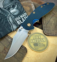 Topo Bead Blast Green Hinderer XM-18 3.5 Non-Flipper Bowie Bead Blast Green Ti Blue/Black G10 Stonewashed Magnacut Blade with Bronzed Out HW and Sasquatch Clip