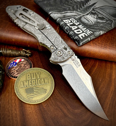 Topo Bead Blast Hinderer XM-18 3.5 Bowie Non-Flipper Bead Blast Ti OD Green G10 Stonewashed Magnacut Blade with Sasquatch Clip