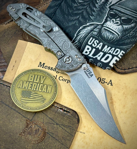Topo Bead Blast Hinderer XM-18 3.5 Bowie Non-Flipper Bead Blast Ti OD Green G10 Stonewashed Magnacut Blade with Sasquatch Clip