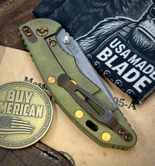 Battle Green Hinderer XM-18 3.5" Recurve Non-flipper Blue/Black G10 Customized Working Finish Ti Working Finish Magnacut Blade and Bronzed Out HW