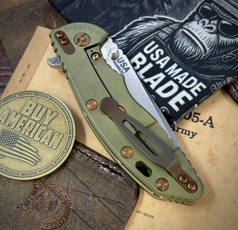 Battle Green Hinderer XM-18 3.5 Spanto Black G10 Customized WF Ti Stonewashed Magnacut Blade Bronze Out HW