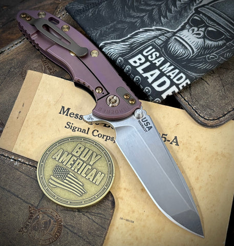 High Res Battle Purple Hinderer XM-18 3.5 Spanto Black G10 Anodized Working Finish Ti and Stonewashed Magnacut Blade with Bronzed Out HW