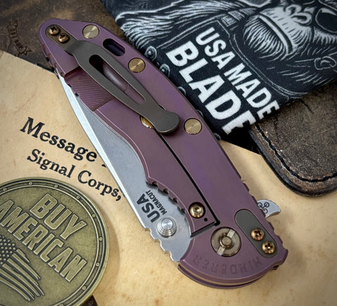 High Res Battle Purple Hinderer XM-18 3.5 Spanto Black G10 Anodized Working Finish Ti and Stonewashed Magnacut Blade with Bronzed Out HW