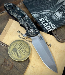 Skull Pattern Hinderer XM-18 3.5 Spanto Customized Battle Black DLC Ti Blue/Black G10 Stonewashed Magnacut Blade