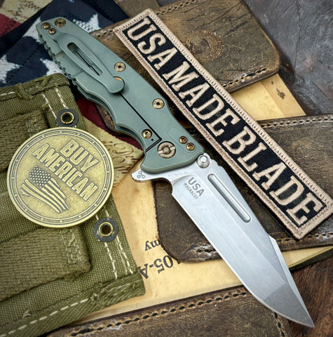 Ammo Can Green Hinderer Eklipse 3.5" Skinny Fullered Harpoon Spanto OD Green G10 Anodized Working Finish Ti Stonewashed Magnacut Blade with bronzed out hardware