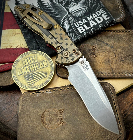 Bronze Battle Stars & Stripes Hinderer XM-18 3.5" Recurve Non-flipper Red G10 Customized Stonewashed Ti Stonewashed Magnacut Blade Bronzed Out HW