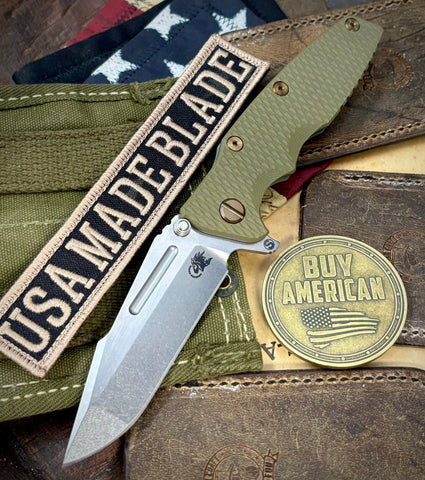 Ammo Can Green Hinderer Eklipse 3.5" Skinny Fullered Harpoon Spanto OD Green G10 Anodized Working Finish Ti Stonewashed Magnacut Blade with bronzed out hardware