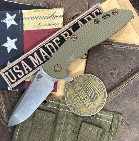 Ammo Can Green Hinderer XM-18 3.25 Spanto OD Green G10 Anodized Working Finish Ti and Stonewashed 20CV Blade with Bronzed Out HW - USA MB