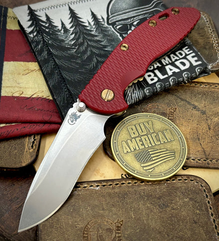Bronze Battle Stars & Stripes Hinderer XM-18 3.5" Recurve Non-flipper Red G10 Customized Stonewashed Ti Stonewashed Magnacut Blade Bronzed Out HW