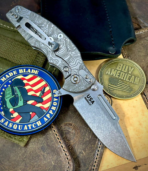 Topo Hinderer Jurassic Clip Point Black G10 Customized Stonewashed Ti Magnacut Stonewashed Blade with Sasquatch Clip