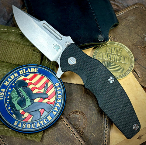 Topo Hinderer Jurassic Clip Point Black G10 Customized Stonewashed Ti Magnacut Stonewashed Blade with Sasquatch Clip - USA MB