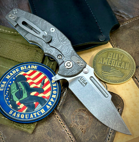 Topo Hinderer Jurassic Clip Point Blue/Black G10 Customized Working Finish Ti Magnacut Stonewashed Blade with Sasquatch Clip - USA MB