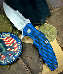 Topo Hinderer Jurassic Clip Point Blue/Black G10 Customized Working Finish Ti Magnacut Stonewashed Blade with Sasquatch Clip - USA MB