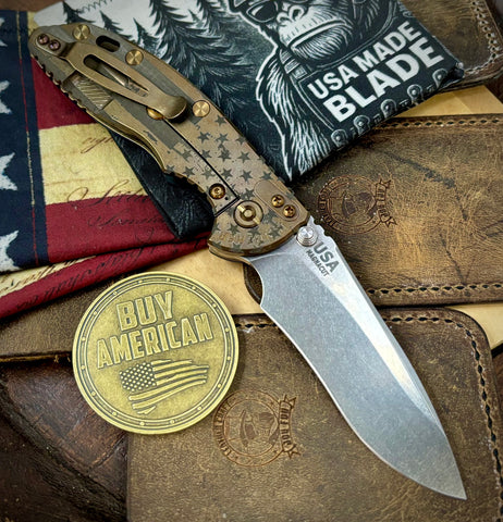 Bronze Battle Stars & Stripes Hinderer XM-18 3.5" Recurve Non-flipper Blue/Black G10 Customized Stonewashed Ti Stonewashed Magnacut Blade Bronzed Out HW