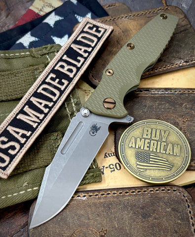 Ammo Can Green Hinderer Eklipse 3.5" Skinny Fullered Harpoon Spanto OD Green G10 Anodized Working Finish Ti and Working Finish Magnacut Blade with bronzed out hardware