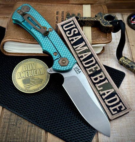 High Res Teal Green Project X Sheepsfoot Blue/Black G10 Customized Stonewashed Ti with Stonewashed Magnacut Blade and Bronzed Out HW