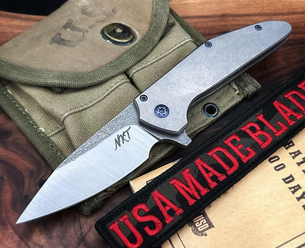 NKT Custom MC-1 Full Ti Framelock with 5/32 Magnacut Blade and Blue Hardware