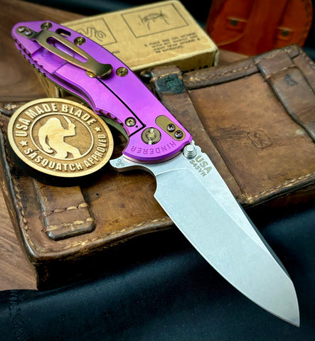 High Res Purple Anodized Hinderer XM-18 3.5 Sheepsfoot OD Green G10 S45VN Stonewashed Blade  Bronzed Out HW