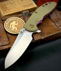High Res Purple Anodized Hinderer XM-18 3.5 Sheepsfoot OD Green G10 S45VN Stonewashed Blade  Bronzed Out HW