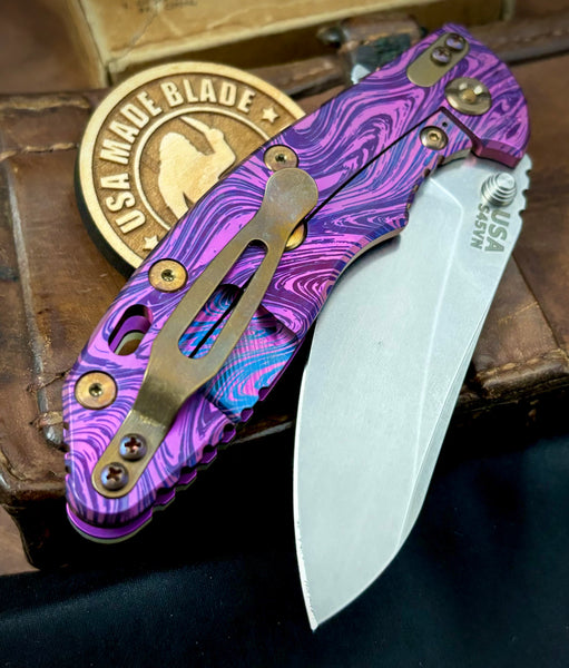 Double Purple Anomascus Hinderer XM-18 3.5 Sheepsfoot Anodized Ti Translucent Green G10 Stonewashed S45VN Blade Bronzed Out HW