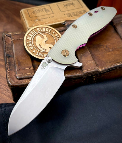 Double Purple Anomascus Hinderer XM-18 3.5 Sheepsfoot Anodized Ti Translucent Green G10 Stonewashed S45VN Blade Bronzed Out HW